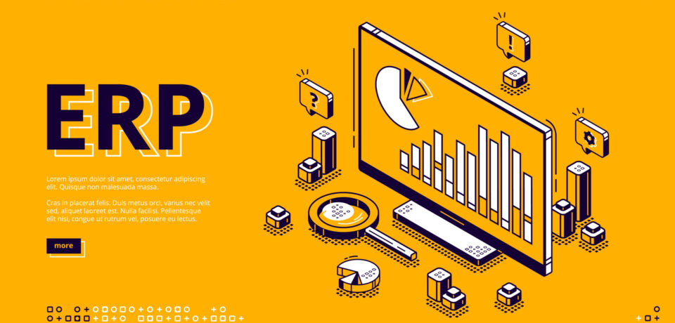 ERP, enterprise resource planning isometric landing page. Productivity and improvement system, data analysis charts on pc monitor, business integration 3d vector illustration, web banner, line art